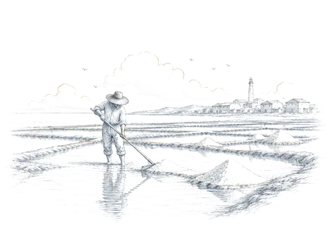 Ilustração de um salineiro nas salinas da Figueira