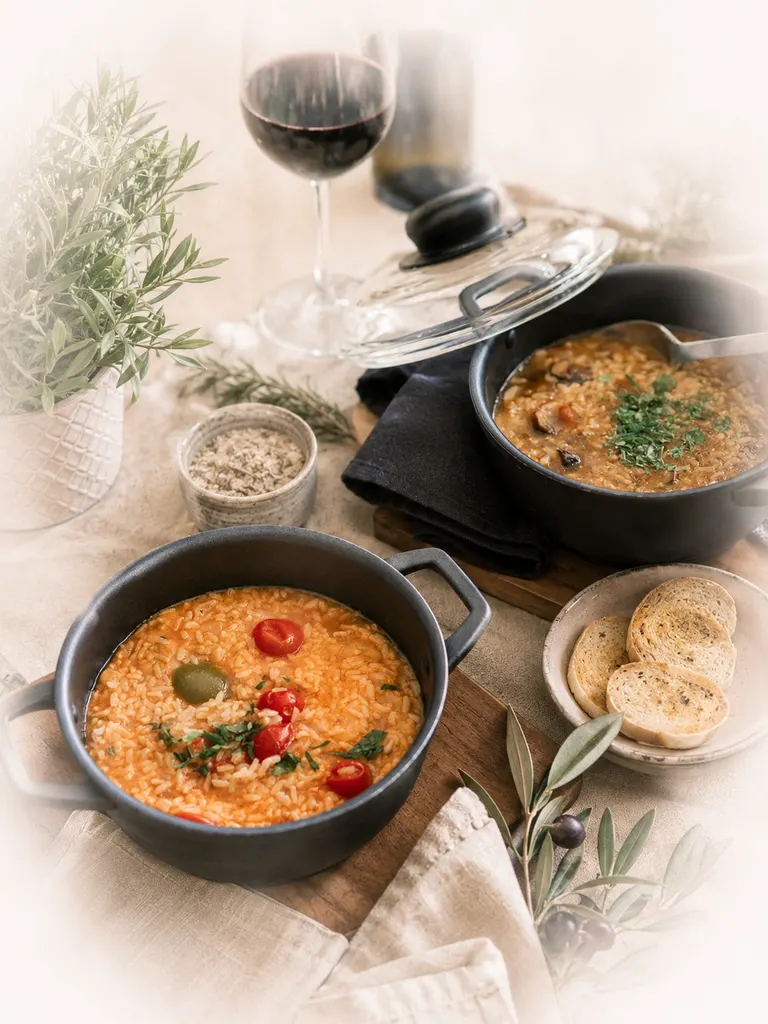 Sides composition on a bright table: tomato rice with an olive in a cast-iron pot, soupy rice in another pot, toasted bread and red wine