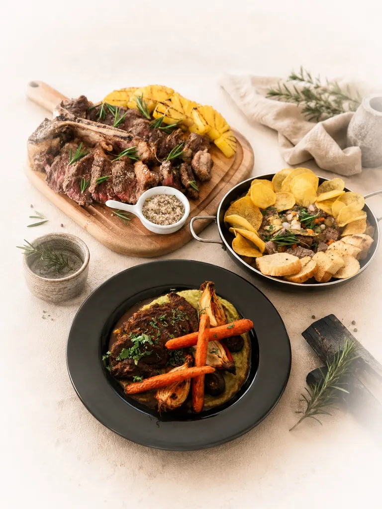 Meat composition on a bright table: sliced T-bone on a board with grilled pineapple and fleur de sel, strips of beef with fries and toasted bread, and a plate of braised beef over purée with roasted carrot and onion