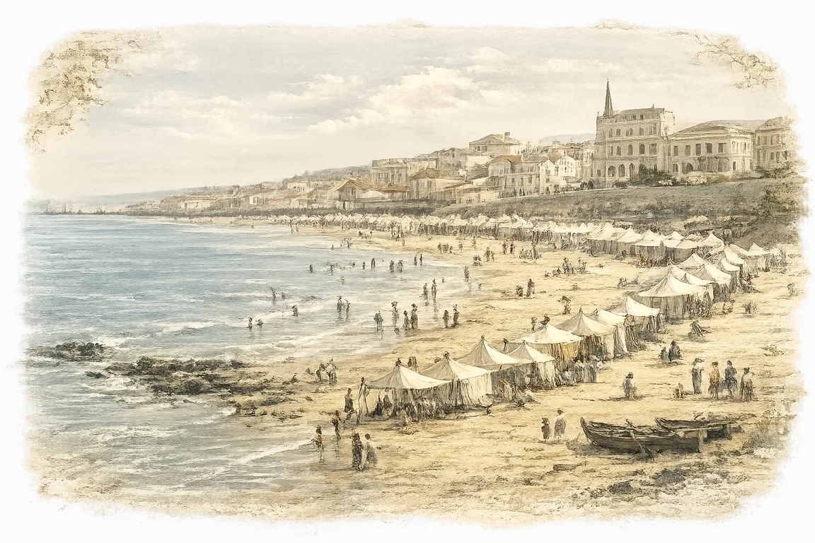 Period illustration of Figueira da Foz beach: the sands with bathing tents, bathers and boats, and the town on the hillside above the sea