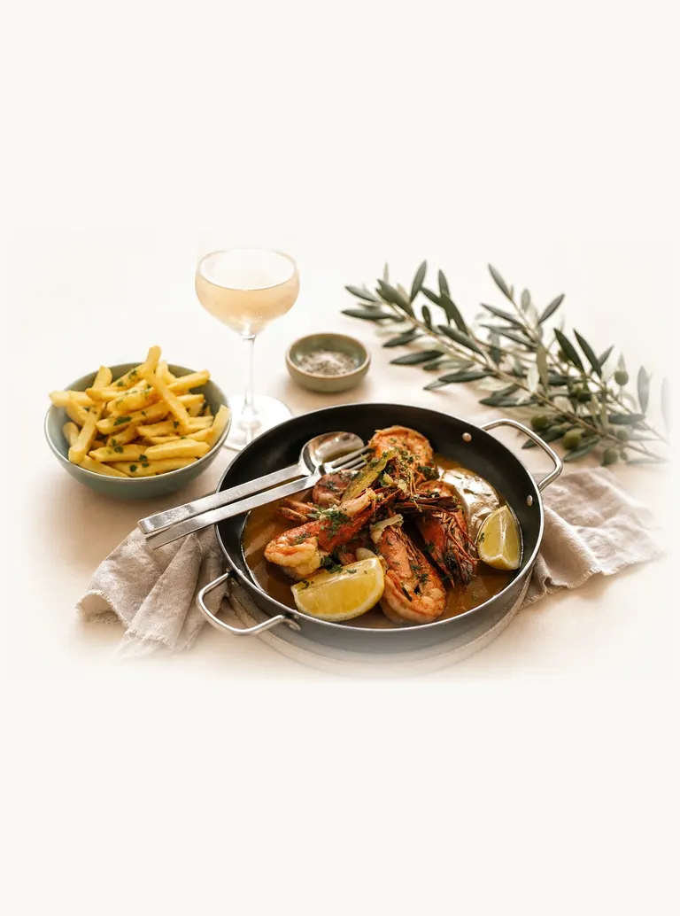 Pan-seared prawns with lemon, fries and white wine on a bright table