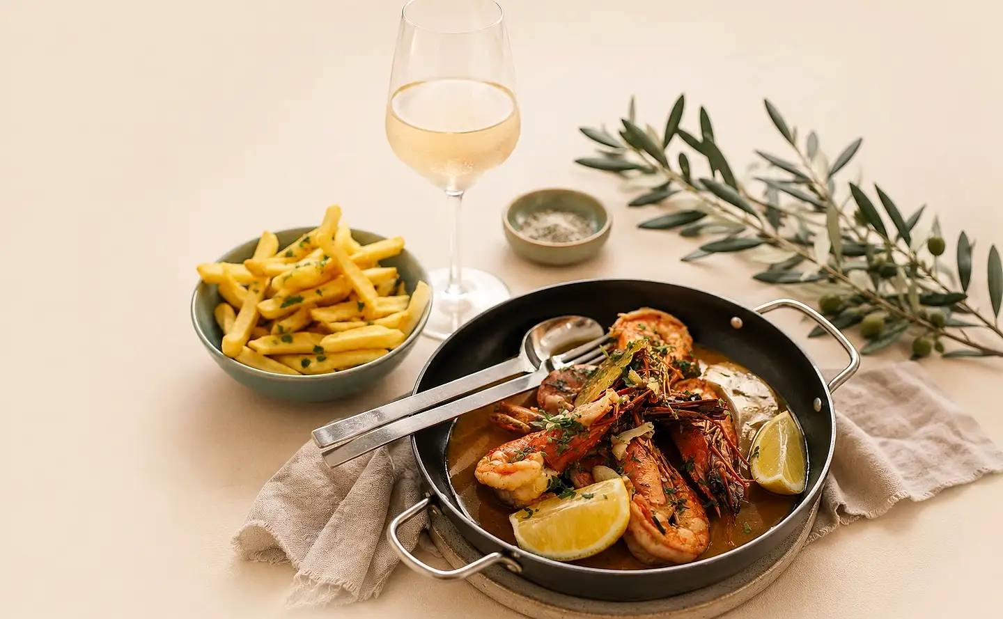Pan of tiger prawns in sauce with lemon, fries and white wine