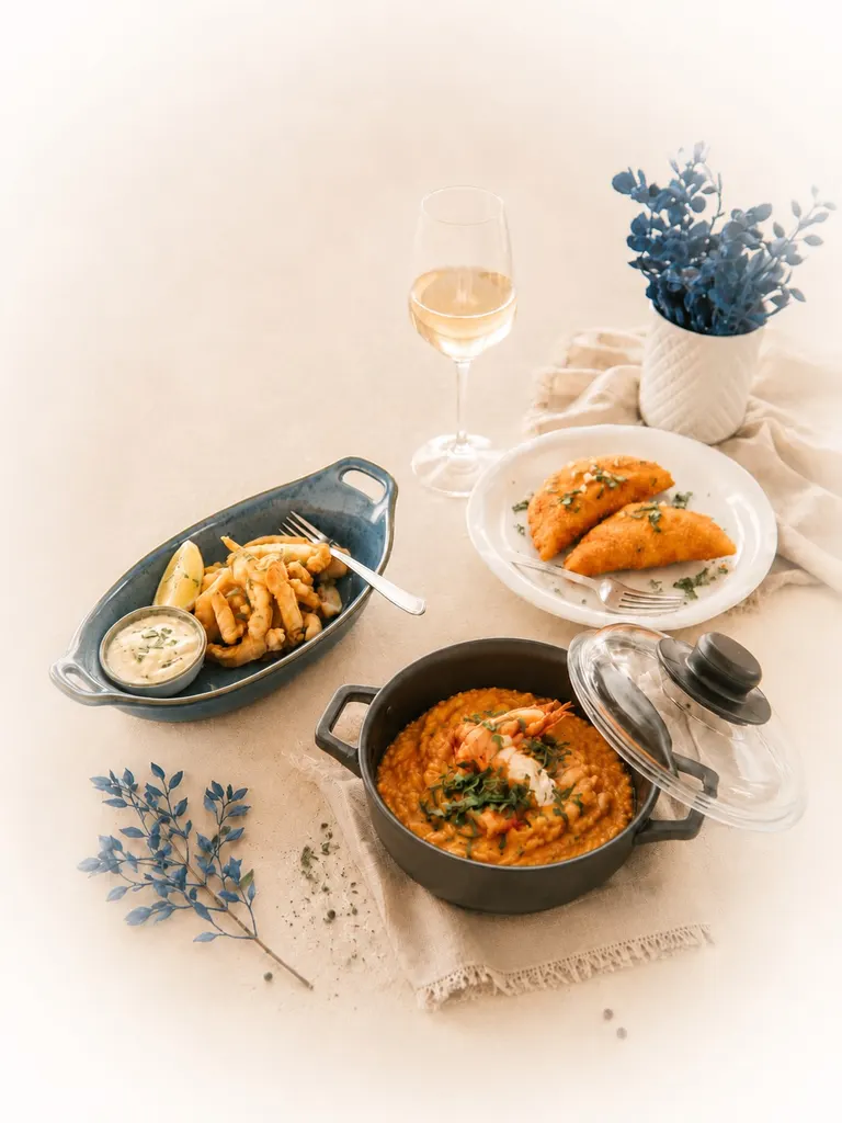 Seafood composition on a bright table: fried cuttlefish with aioli and lemon, rissoles, soupy seafood rice with prawn and white wine