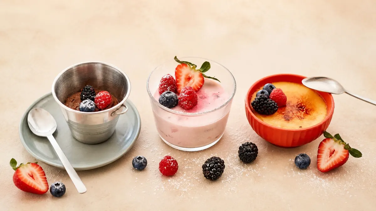 Three house desserts on a bright table: chocolate mousse in a metal cup, forest-berry panna cotta and crème brûlée with red berries